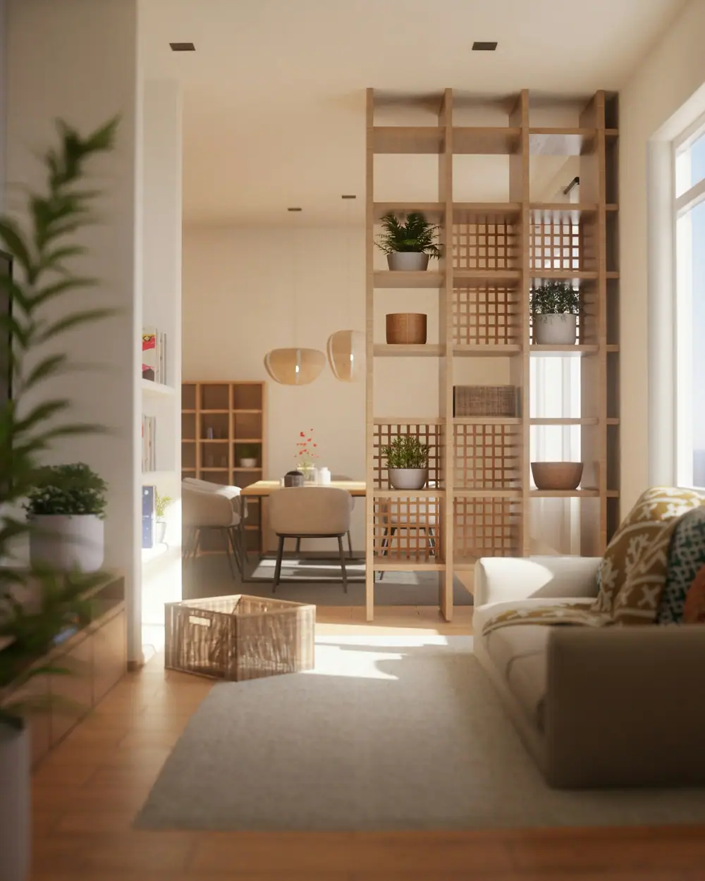 Ein helles Wohnzimmer mit Regalen aus Naturholz, Pflanzen und einem Sofa